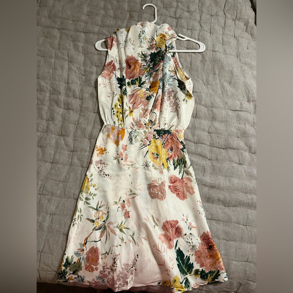 Petal & Pup White Floral High-Neck Mini Dress with Pink, Yellow & Green - Picture 3 of 5